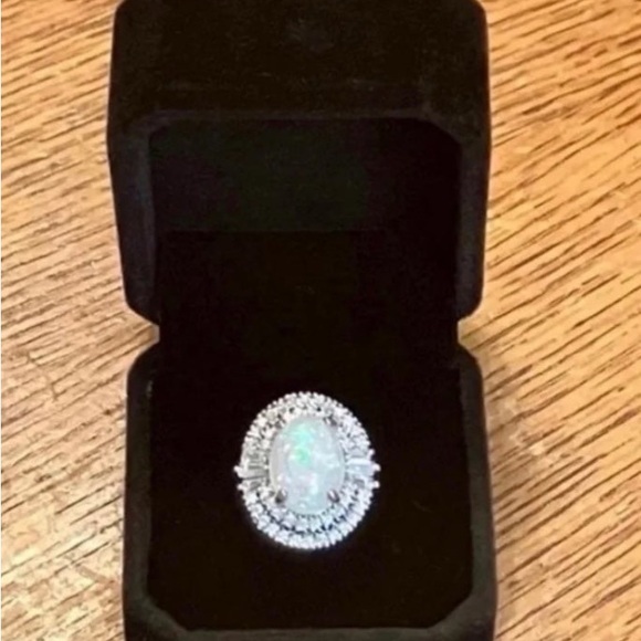 14K White Gold Ring Opal 5CT Halo Diamond Oval Baguette Wedding Engagement - Picture 10 of 11